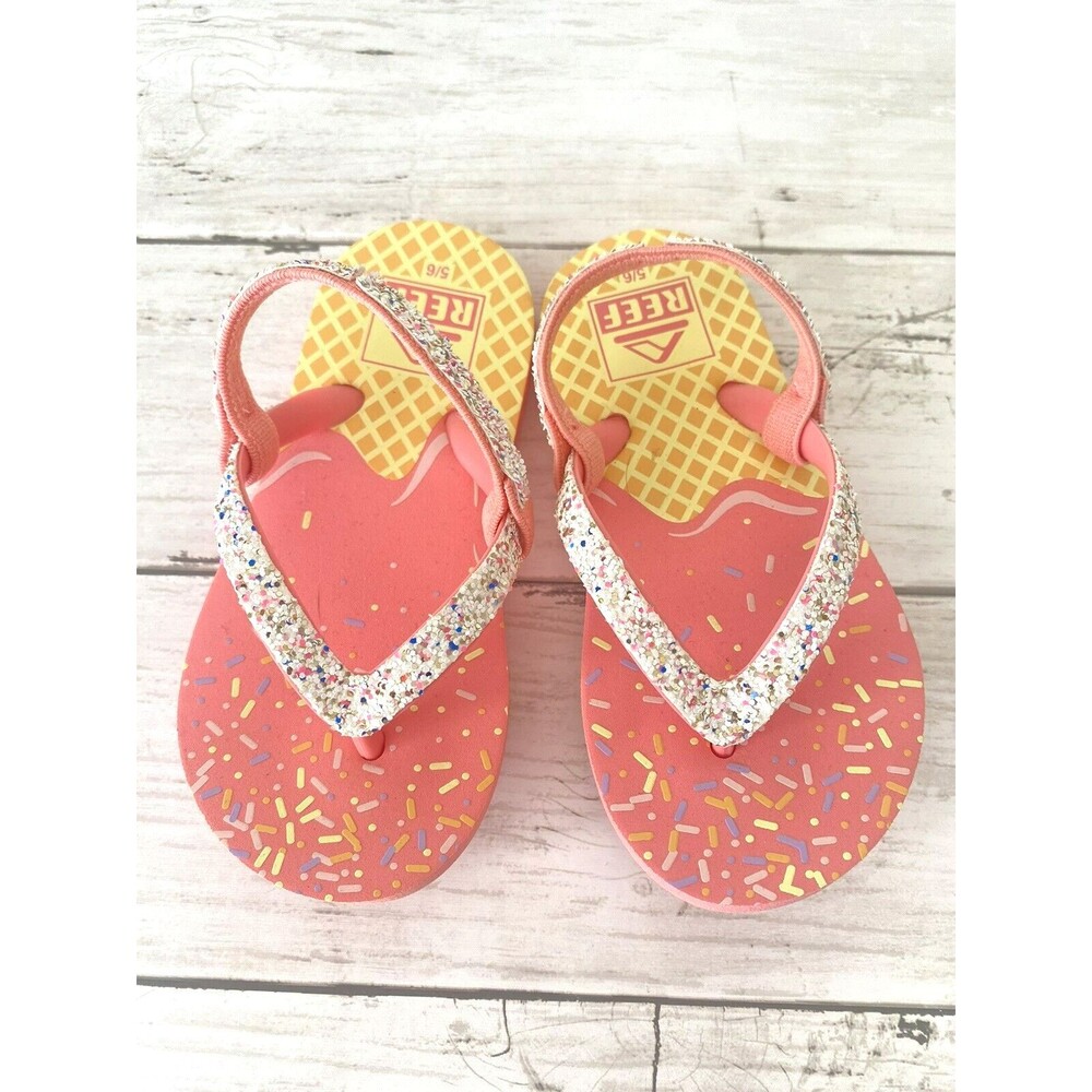 Reef Baby Girls Pink Sparkle Elastic Ankle Strap Flip Flops Sandals Size 5/6